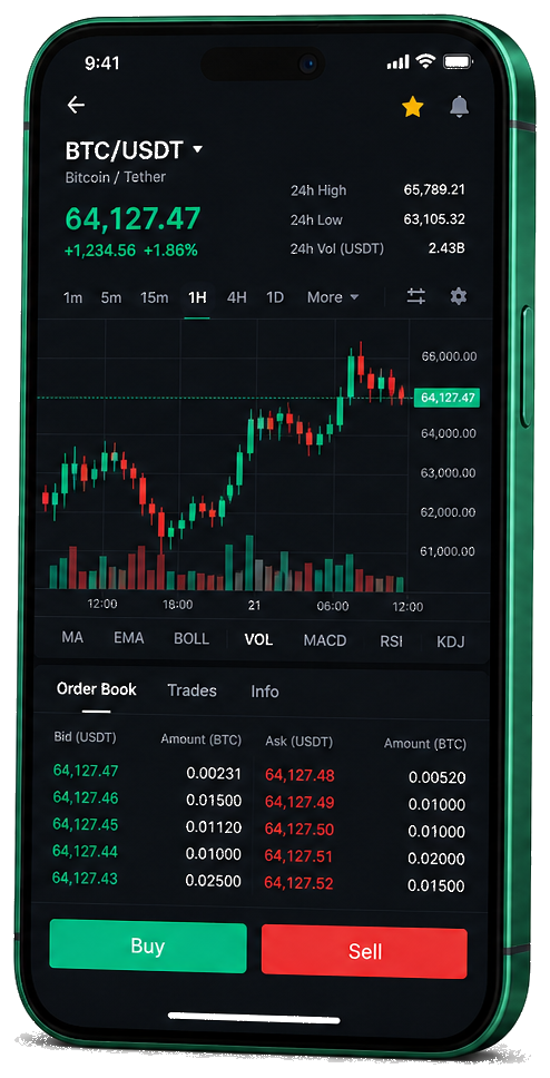 Maxime Perraud trading platform on mobile — live BTC/USDT chart, order book, and buy/sell interface